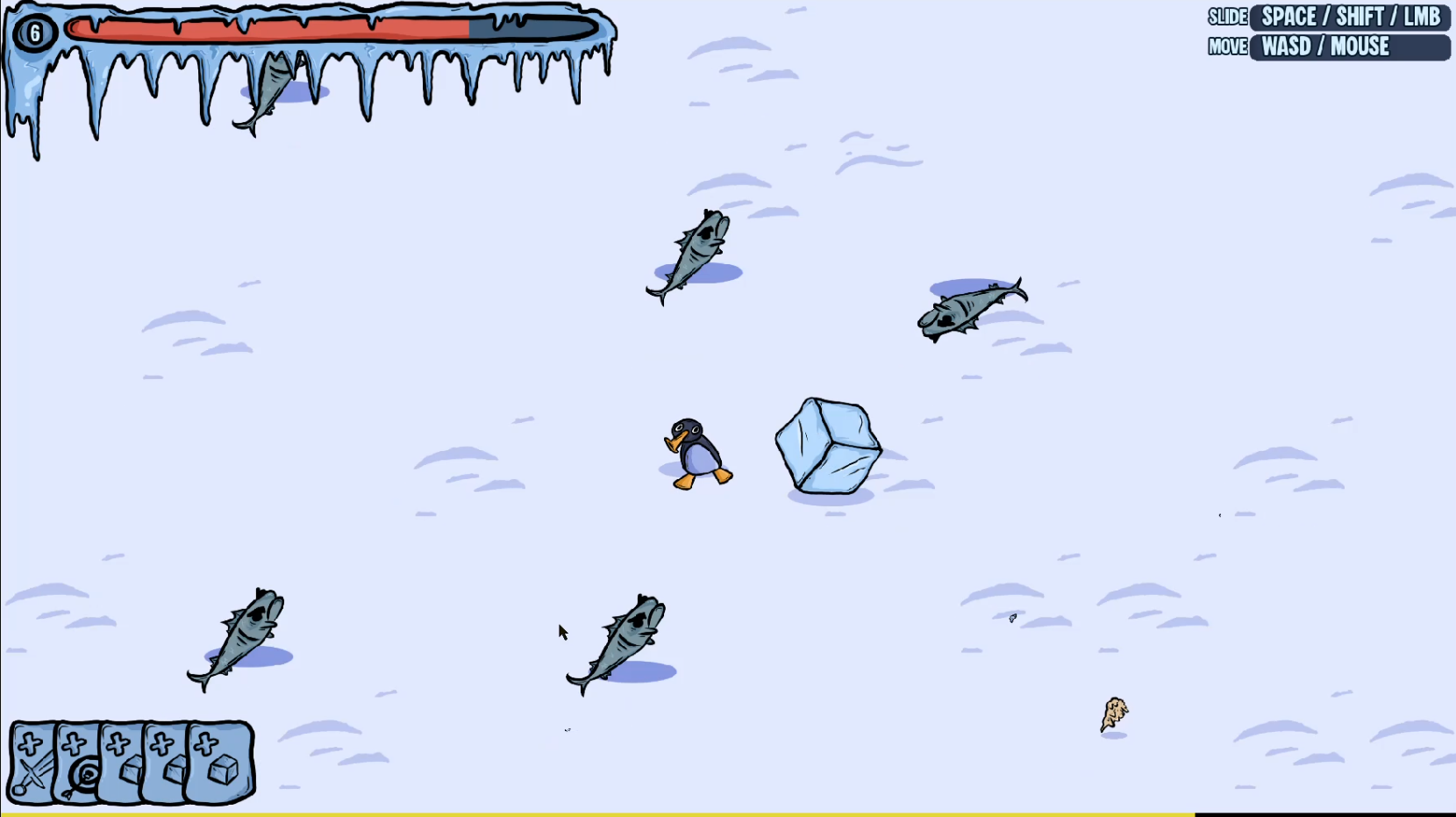 A penguin standing next to a cube surrounded by enemies