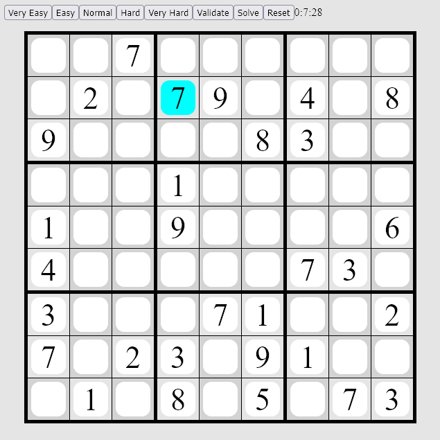 A Game of Sudoku. There are buttons for 'solve', 'reset', and 'validate'.